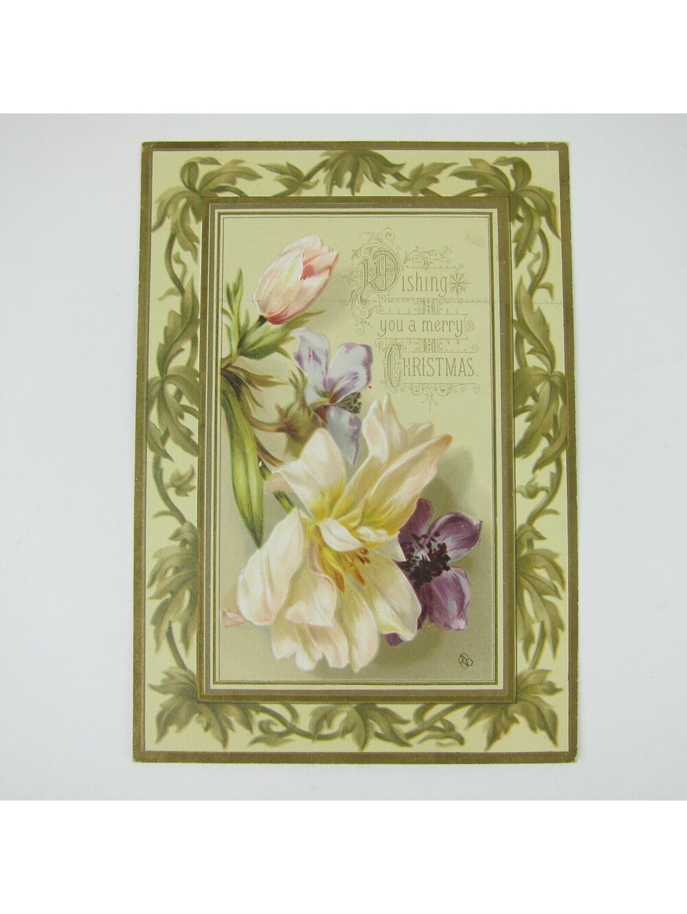 Victorian Christmas Card Flowers Pink Purple Yellow Back Cherubs Birds Antique